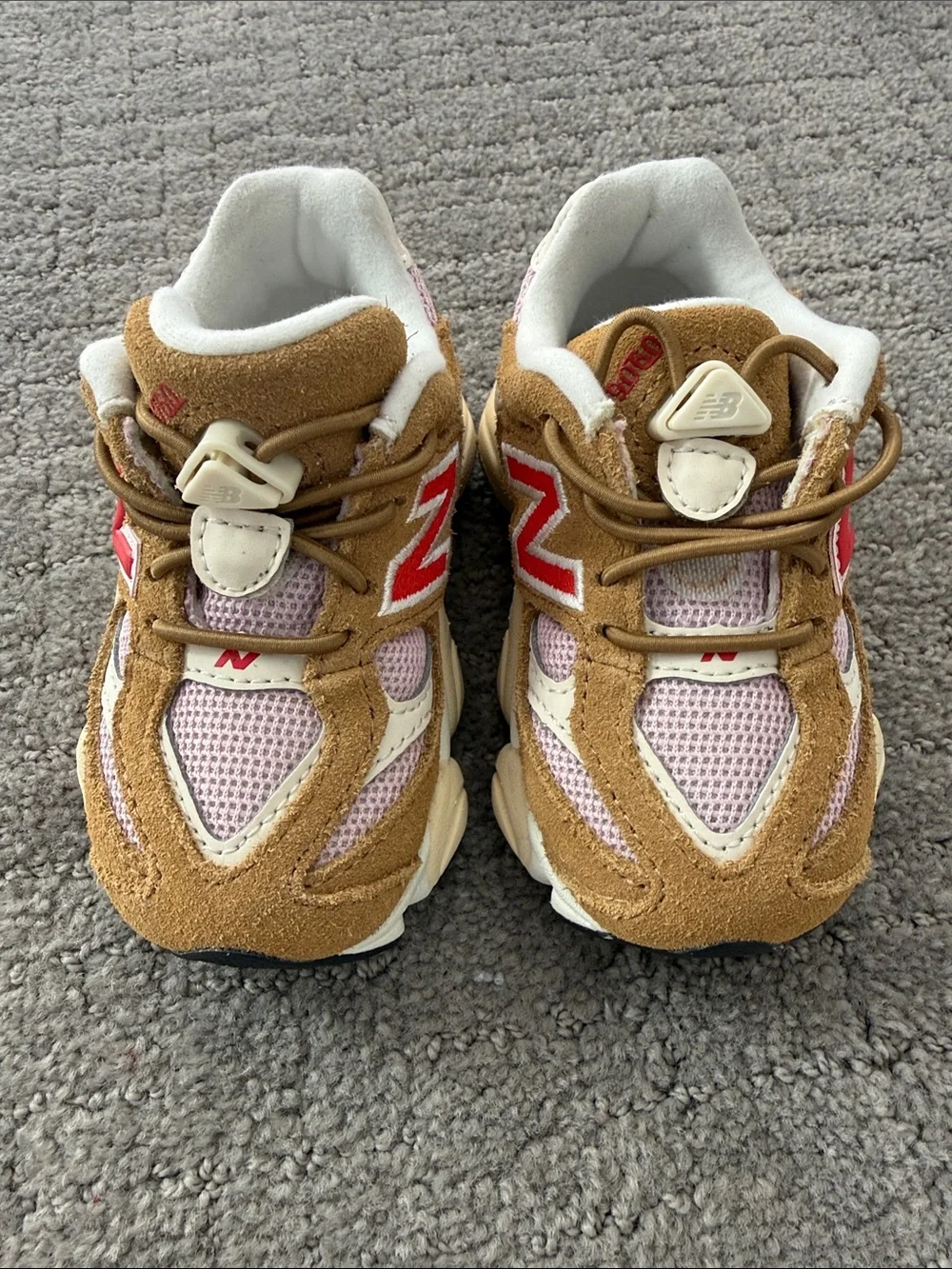 New Balance Kids Tan Suede and Pink Mesh Sneakers with Red N Accents